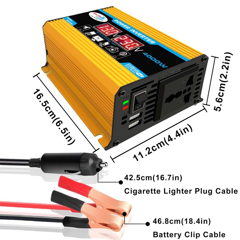 Auton invertteri 4000w huipputeho invertteri jännitemuunnin muuntaja invertteri + lcd-näyttö