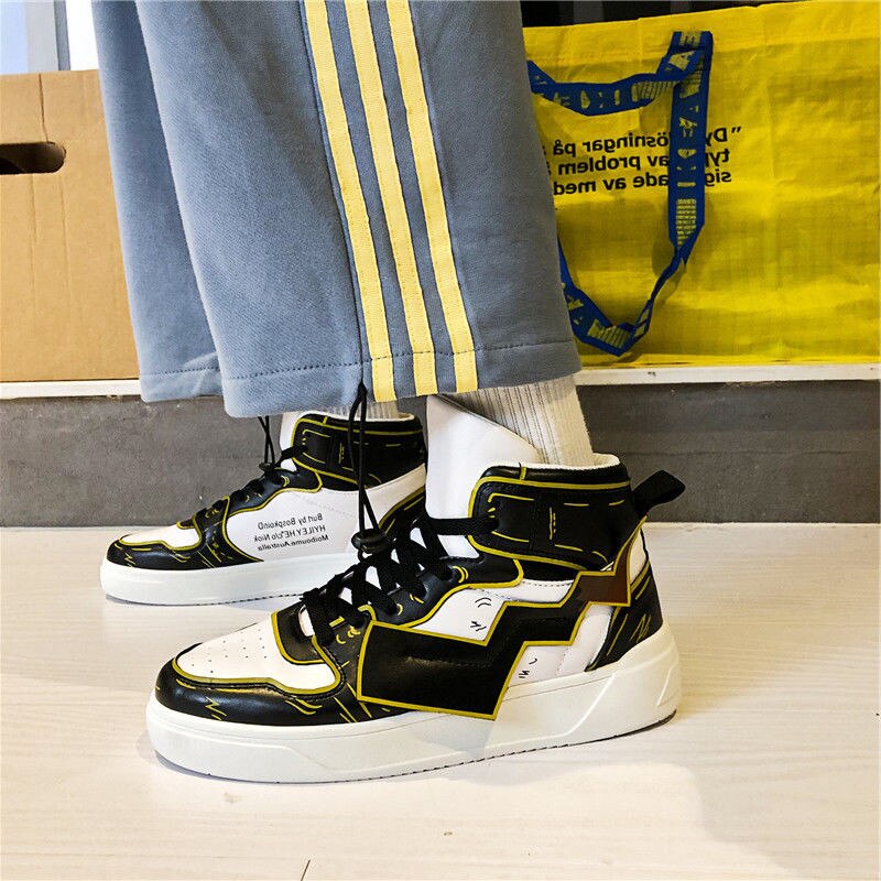 Espadrilles décontractées Chaussure de skateboard pour hommes à lacets, Chaussure de sport, qui respire, élégante, Chaussure de marche avec Graffiti: Black White / 43
