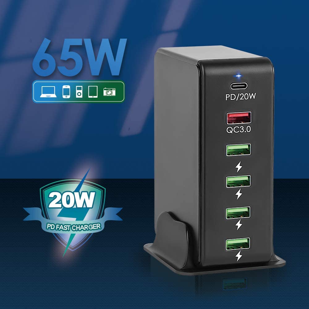 65W 6 Poorten Usb C Lader Met Stand Fast Charger Met 1 USB-C 20W Pd + 1 QC3.0 + 4 Usb Laadstation