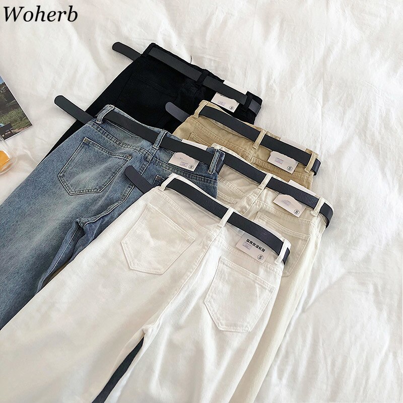 Woherb vintage dam boyfriend jeans för kvinnor mamma jeans med hög midja casual penna byxor koreanska streetwear bälte jeansbyxor
