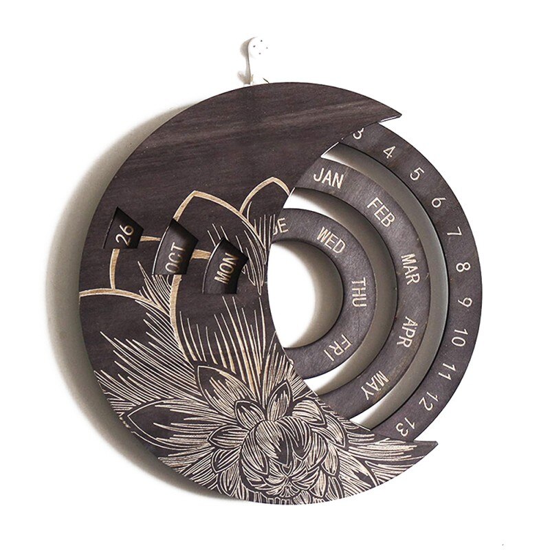Round Wooden Moon Adjustable Perpetual Wall Calendar Rotatable Circular DIY Hand-Carved Calendar Retro Home Decoration: D