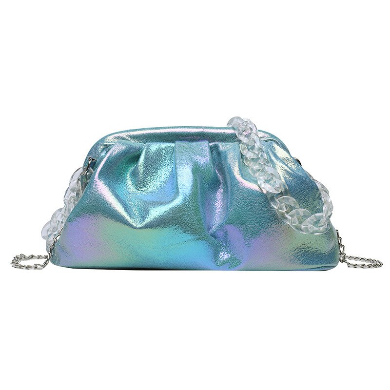 Borsa a tracolla a nuvola olografica per donna pieghe a catena elegante pochette borsa da sera per ragazza mini borsa a tracolla di lusso: S-blue