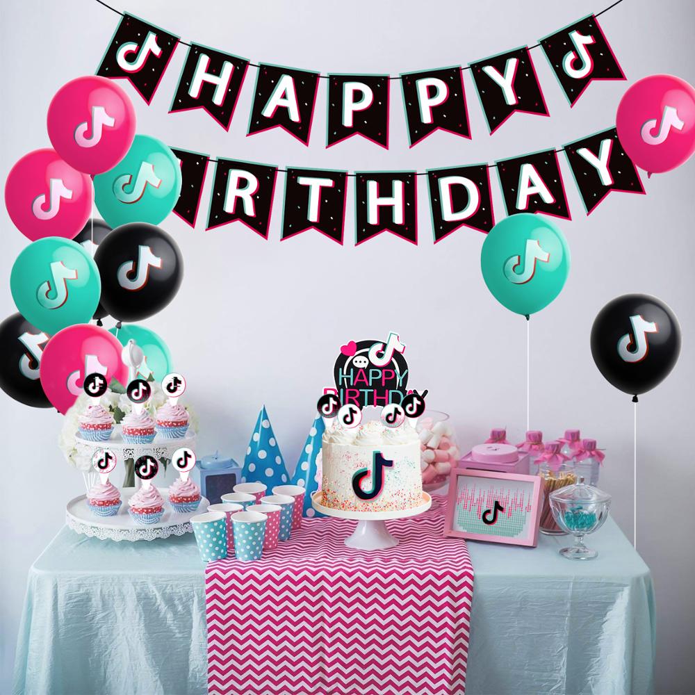 56Pcs Party Decoration TIK Themed TOK Birthday Printing Banner Balloon Cake Topper Music Sign Flags Toppers Decor Video for Fans