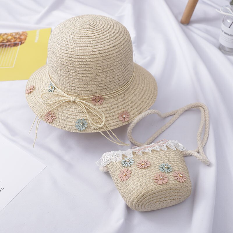 Cute Girls Beach Bucket Breathable Cap Straw Sun Hat+Shoulder Handbag Bag Set: B