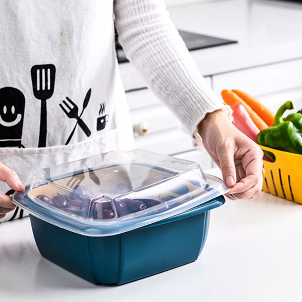 Multifunction Double-layer Drain Basket with Lid Kitchen Refrigerator Drain Storage Box Plastic Fruit Storage Basket