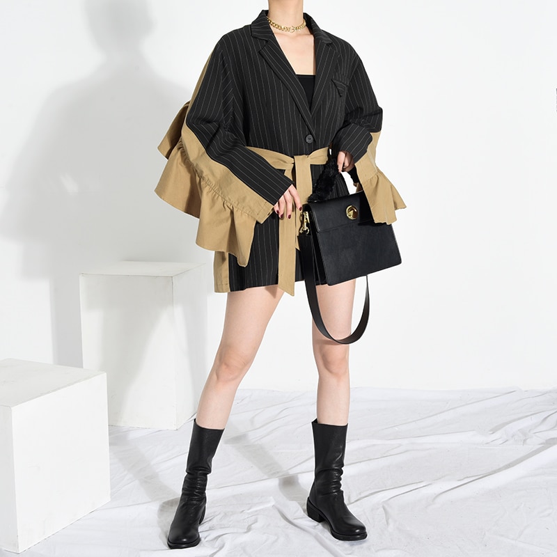 [eam] dames zwarte ruches split grote maten blazer revers lange mouwen losvallende jas tij lente herfst 1 y 22501