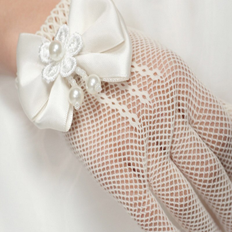 1Pair White Color Wedding Princess Gloves with Mesh Bowknot Wedding Party Bride Gloves Girl Performance Glove