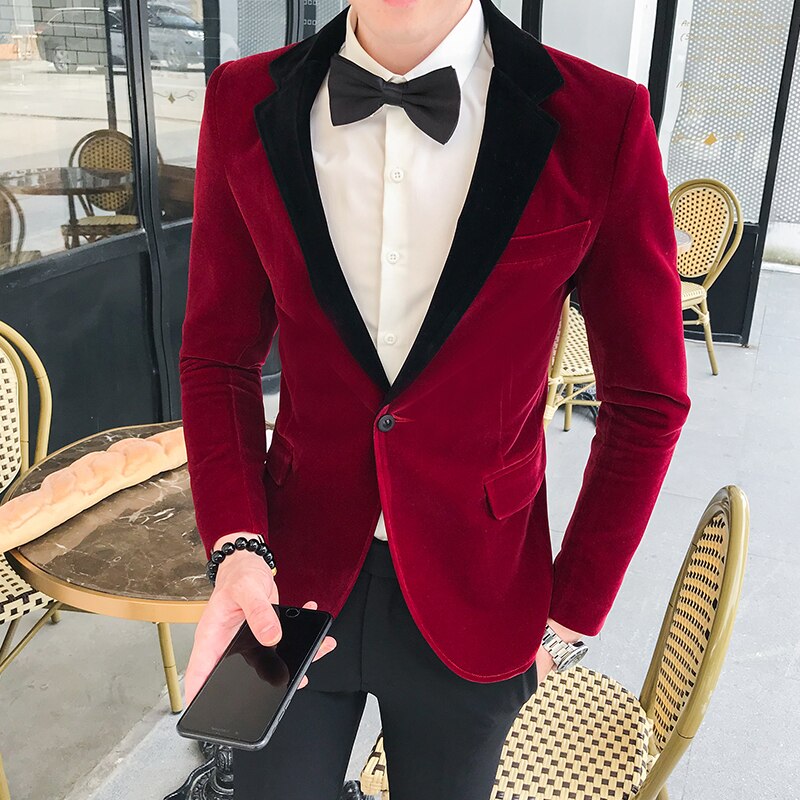 Scenjackor herr indiska kostymer röd sammet enkel kostym abrigo casual hombre kavaj herr slimmade blazers: Röd / M