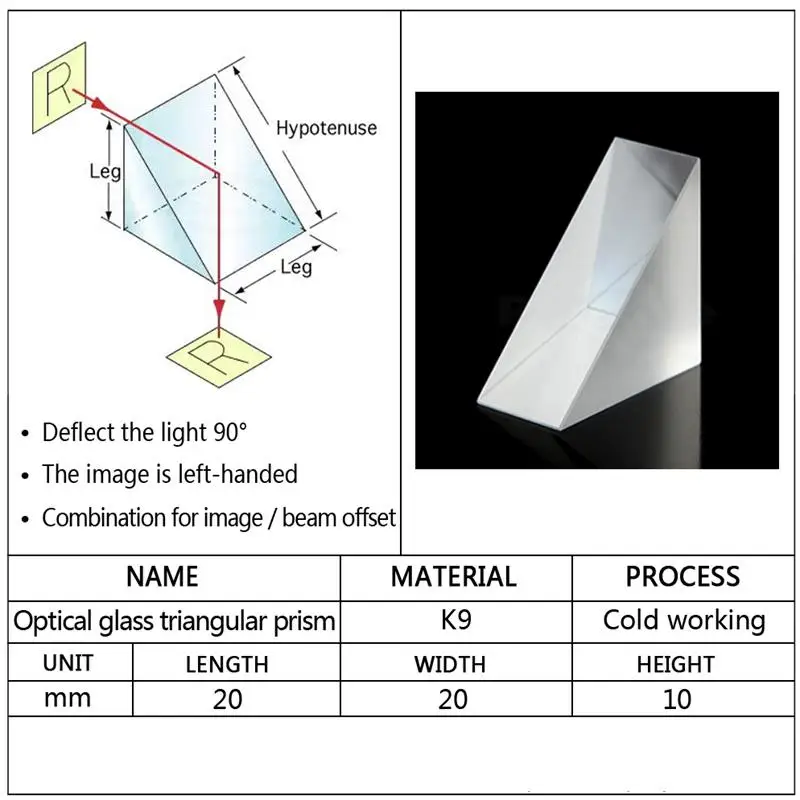 Verre optique triangulaire, 20x20x10mm, Lsosceles, Angle droit, lentille prisme K9, spectre lumineux, médecine physique