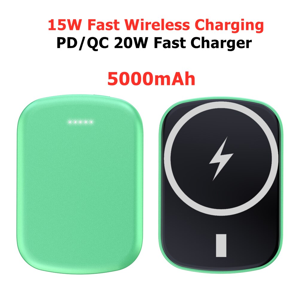 15W Chargeur Magnétique Sans Fil Banque De Puissance 20W Charge Rapide MagSafe Mini Banque De Puissance pour iPhone 12 Pro Max Externe Chargeur De Batterie: 5000mAh Green