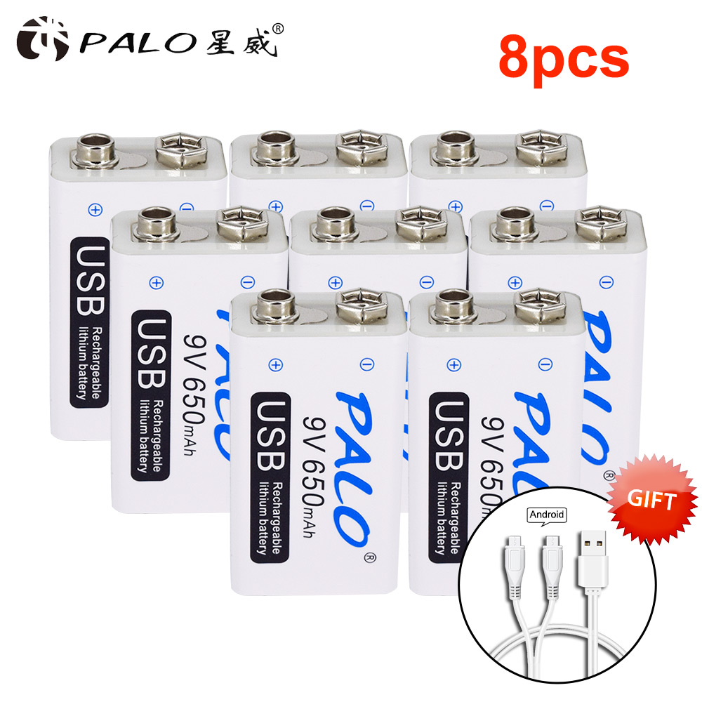 PALO 9V USB batterie au Lithium 650mAh 6F22 6LR61 Li-Ion batterie Rechargeable pour jouets masseurs multimètres guitare avec câble USB: 8 pcs