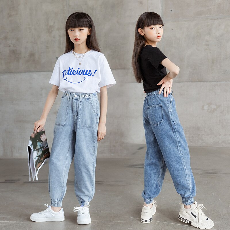 Pantalones vaqueros de cintura alta para niña, pantalón harén azul para adolescente, ropa informal para niño de 12, 13 y 14 años, Primavera