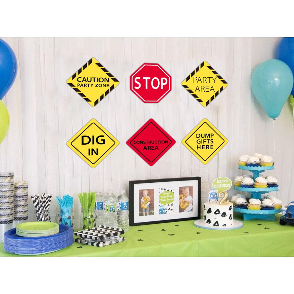 6pcs Construction party backdrop Excavator Construction warning sign sticker Vehicle Truck Signs Kids Boys Birthday party suppli