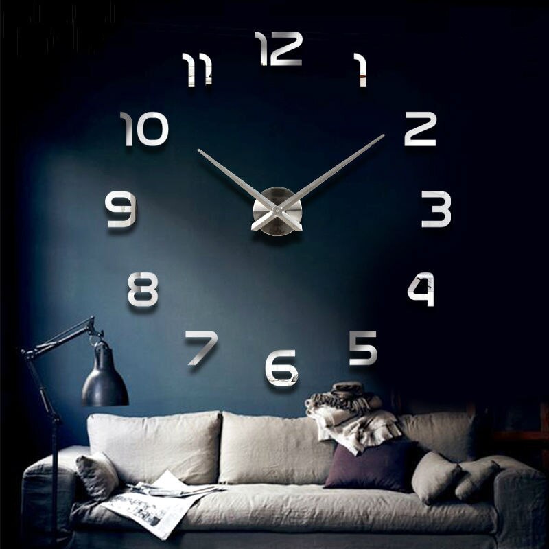 Grande horloge murale à Quartz 3D, grande horloge de cuisine décorative en acrylique, miroir autocollant surdimensionné, décoration de lettres pour la maison: Argent / 47inch