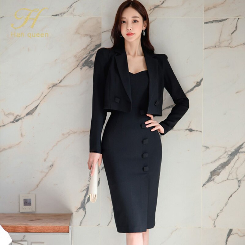 H Han Queen 2022 Summer Vestidos Korean 2 Pieces Suit Coat And Suspenders Dress Women Sheath Pencil Dresses: Xl