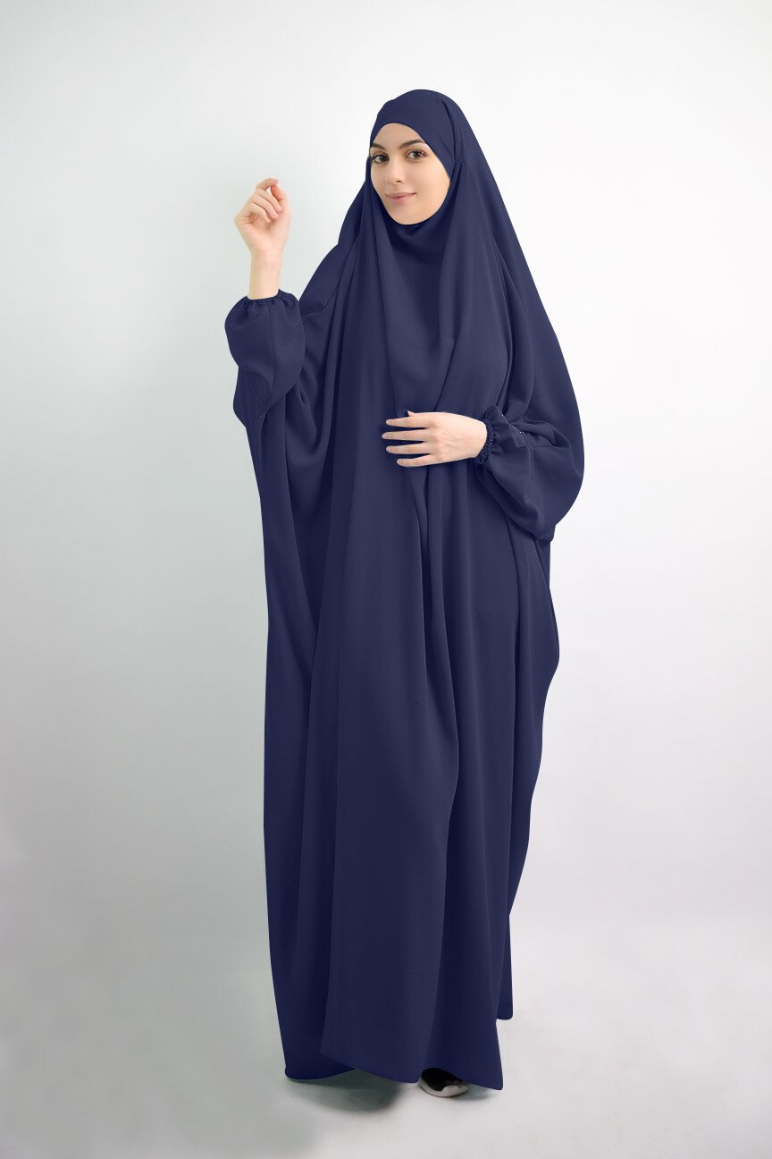 Ramadan muslimsk bønneklær hijab kjole kvinner thobe eid mubarak hette dubai kalkun vestidos abaya islamsk kappe femme: Mørke blå