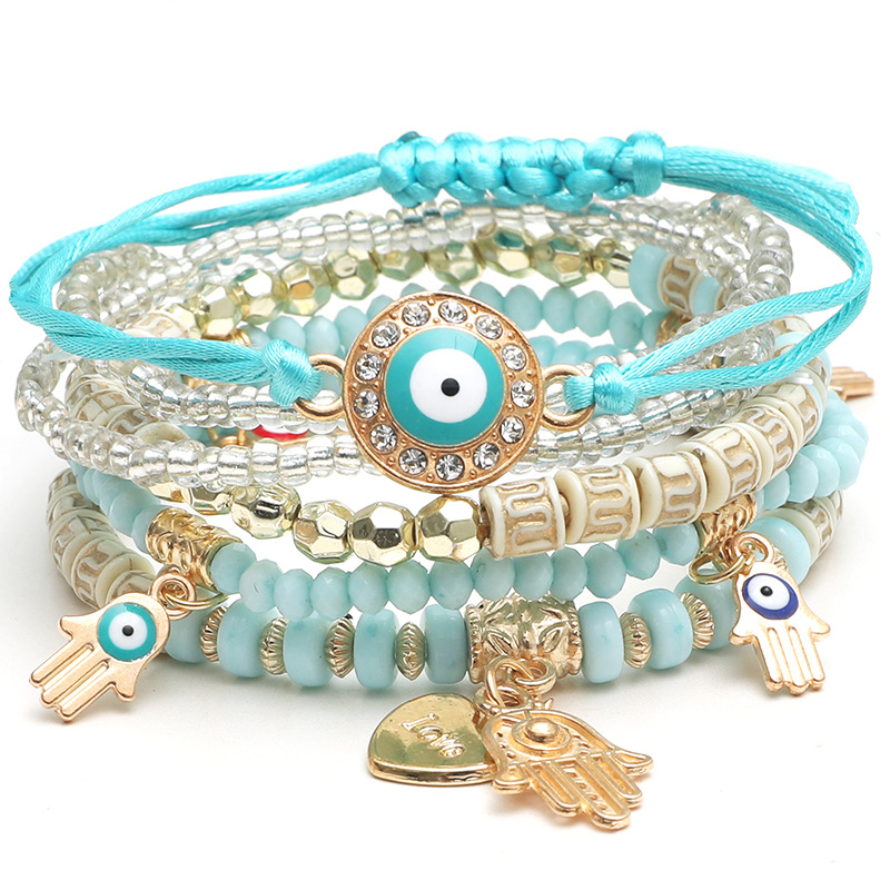 conjunto de pulsera con borlas de mal de ojo para mujer, abalorio de mano de Fátima de cristal, brazalete de cadena con cuentas de piedra, de joyería bohemia para mujer: Color amarillo claro