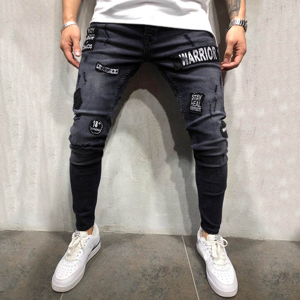 hommes crayon pantalon Stretch genou trous fermeture éclair Denim jean en détresse déchiré pantalon de sport coupe mince poche jean YL5