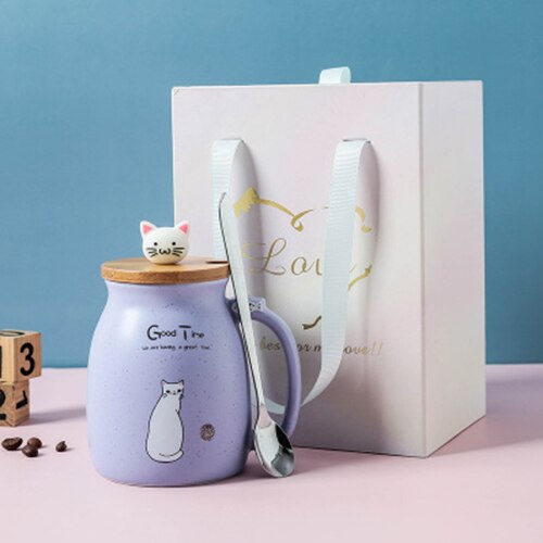 Color Cat Heat-Resistant Mug Cartoon with Lid Cup Kitten Coffee Milk Ceramic Mugs Children Cup Office Drinkware: Purple box