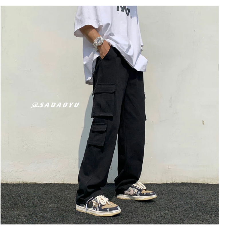 Black/white Casual Pants Men&#39;s Loose Straight Wide Leg Pants Men Streetwear Hip-hop Pocket Cargo Pants Mens Trousers