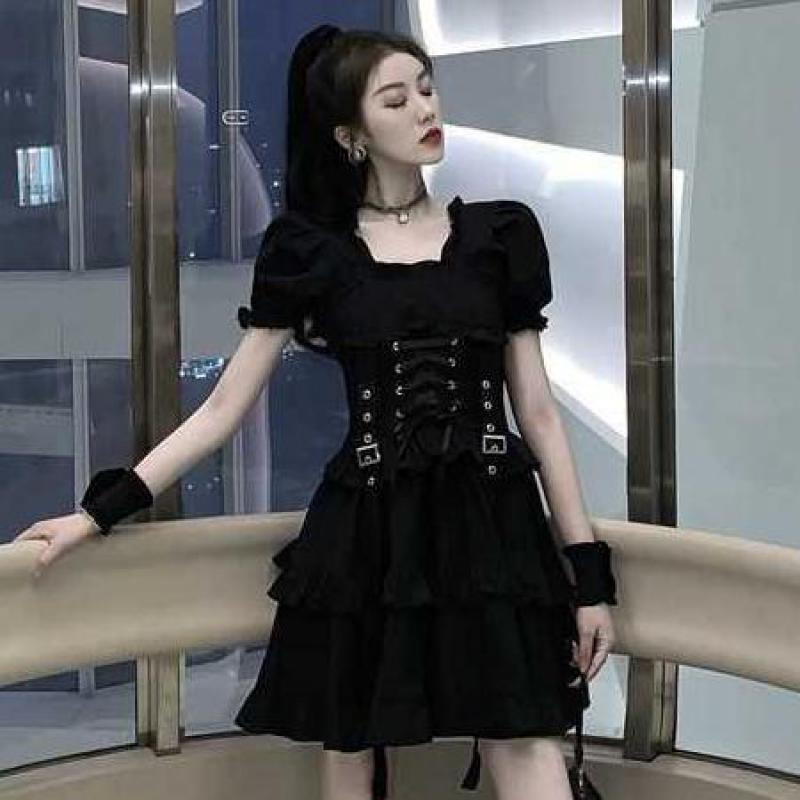 Menina japonesa do vintage estilo punk puff manga bandagem mini vestido vitoriano renascentista preto gótico lolita vestido feminino vestidos