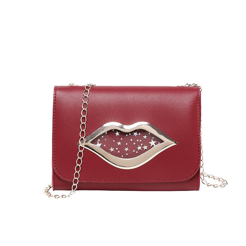 De de Color sólido estrella labios decoración Cadena de hombro bolsos Messenger de cuero de la PU mujeres Cadena de cuero bolsas: Red