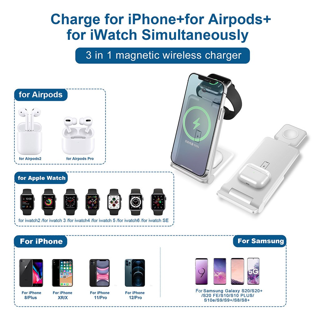 Chargeur sans fil Qi 3 en 1 pour iPhone 13 12 11 XS XR X 8, pour Apple Watch 7 SE 6 5 4 3 AirPods Pro, Station de charge rapide 15W