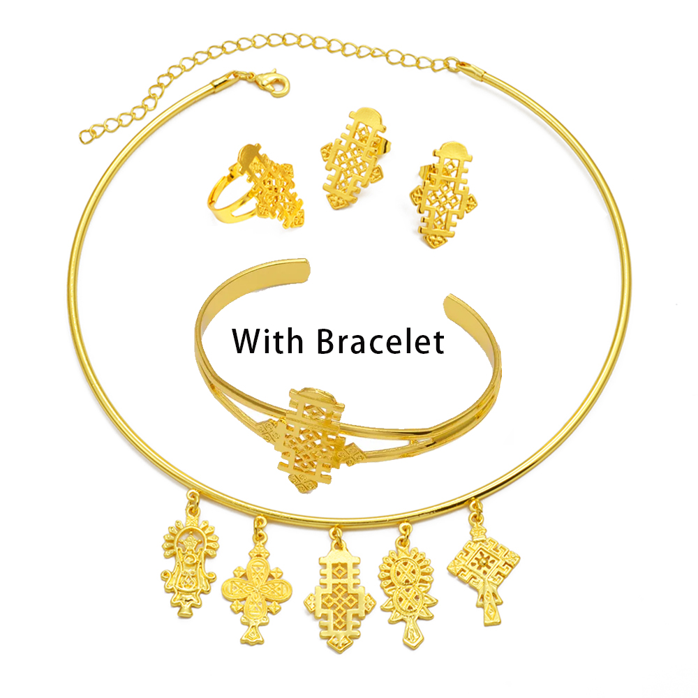 Ethiopian Eritrea Etnische Sieraden Sets Met Cross Chokers Oorbellen Ringen Voor Vrouwen Meisjes Afrika Huwelijksfeest #340006: Licht Geel Goud Kleur