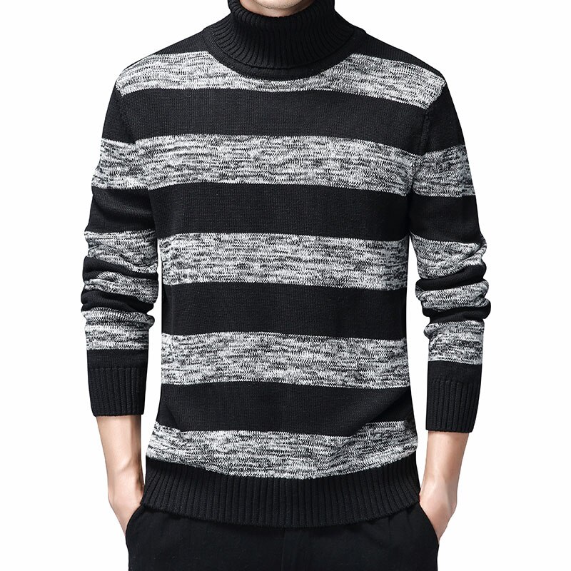 Menn stripet turtleneck genser oversize høst varm bomullsgenser herre genser for menn slim fit genser pull homme klær slim: Svart / Xxxl