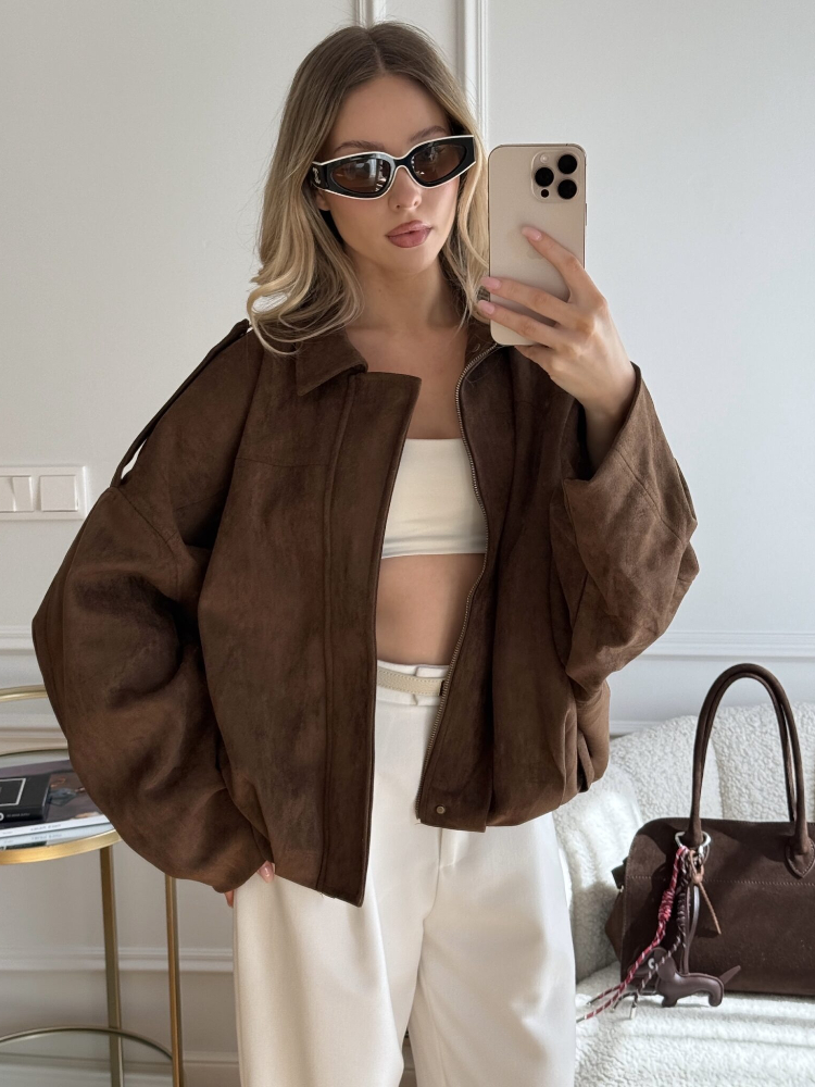 Chaqueta bomber de ante sintético de gran tamaño para mujer de ZBZA, con solapa con textura de ante, mangas largas de murciélago y dobladillo plisado, chaqueta bomber holgada, nueva prenda exterior vintage para mujer