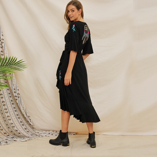 Stijl Katoen Borduurwerk V-hals Zwarte Jurk Bohemian Plus Size Beach Cover Up Vrouwen Tuniek Jurk Vestido A191