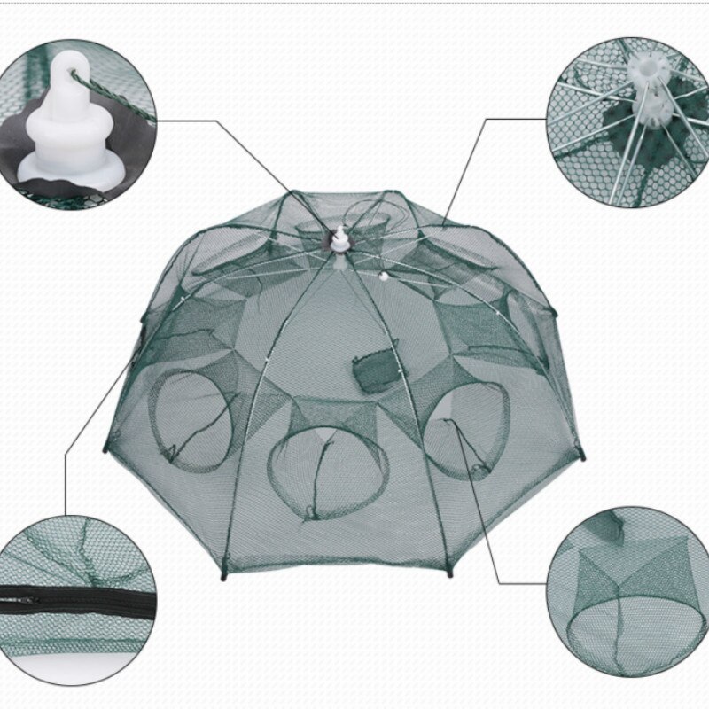 Styrket 4-8 huller automatisk fiskenet rejer bur nylon foldbar fisk fælde støbt net støbt fold krabbe fælde fiskenetværk