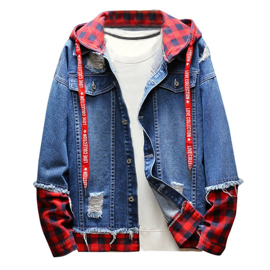 Mens Jackets And Coats Blue Holes Denim Coats Men Spring Autumn Loose Casual Jean Jackets plaid Denim Jackets: db / XL