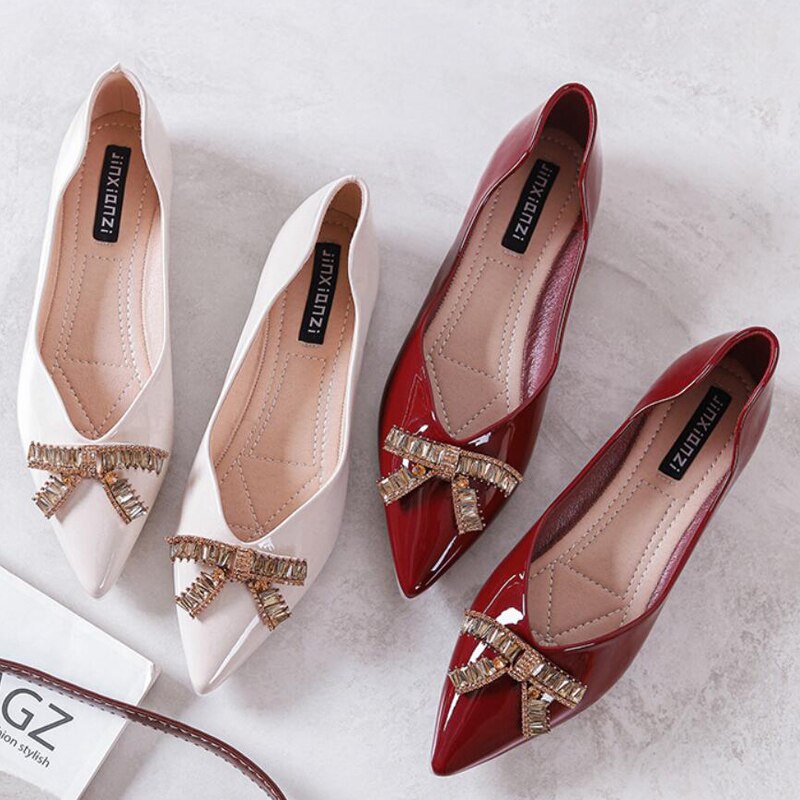 Pointed Toe Flats Patent Leather Creepers CRYSTAL Butterfly-knot Harajuku Shoes Ladies Flat Shoes Espadrilles Spring Shoes Women