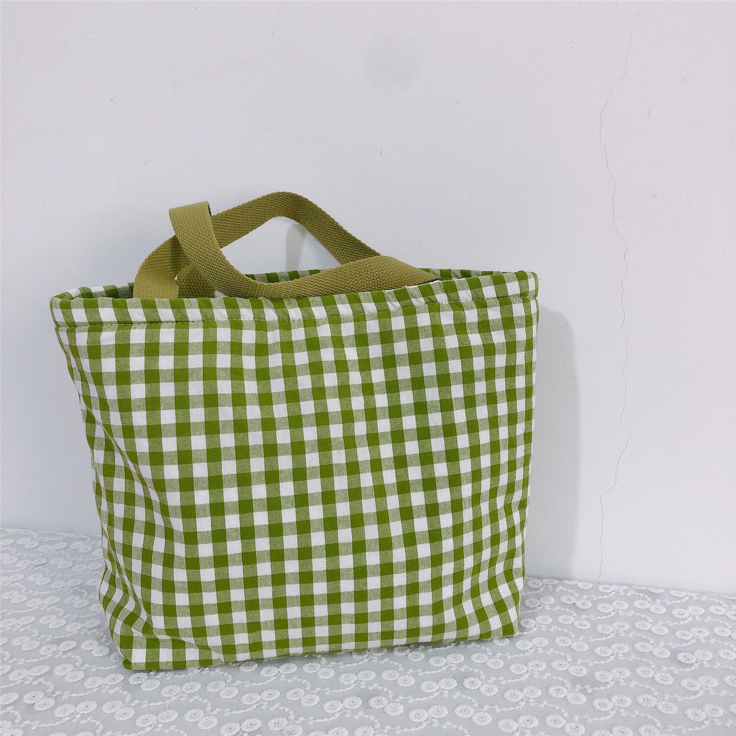 Saco de zíper de frutas almoço de pano portátil tote simples verificação pliad engrossado comida piquenique viagem conveniente almoço sacos para mulher: Green