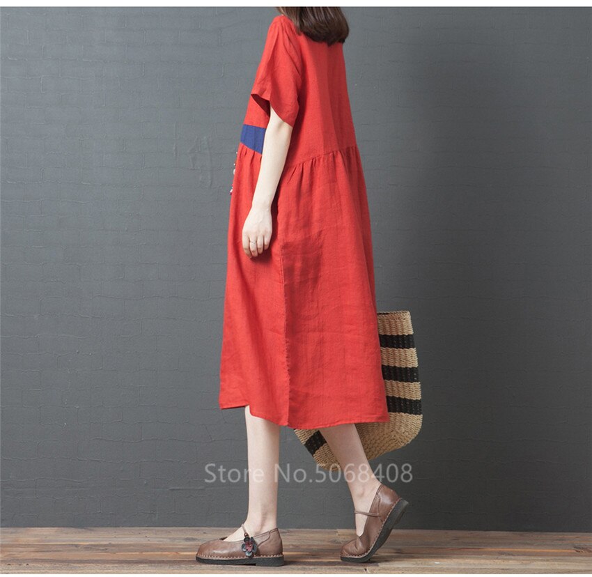 De manga corta verano las mujeres vestido de lino de algodón o-Cuello Vintage tradicional de talla grande de vacaciones Casual Midi vestido túnica