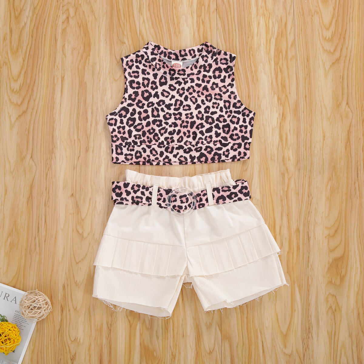 Focusnorm 2-8y herfst meisjeskleding luipaardprint mouwloos vest tops shorts riem 3 stuks of een stuk jas