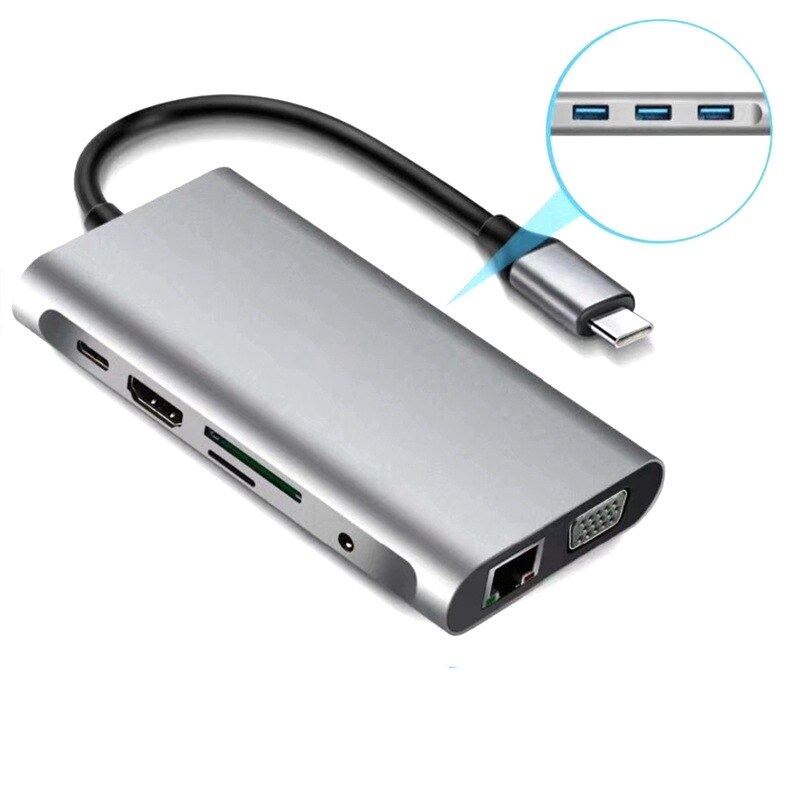 10In1 Type C HUB to 3.0 USB HDMI VGA USB HUB for Pro Accessories USB Splitter Multi 10 Ports USB C Hub Docking Adapter