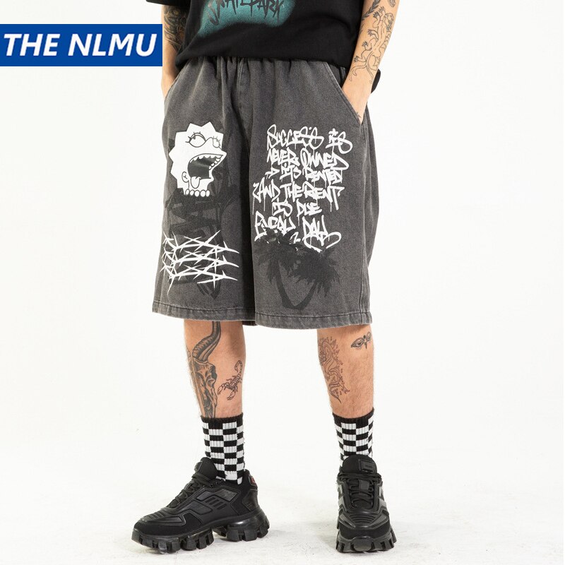 Hip Hop Denim Shorts Streetwear Paint Cartoon Letter Jeans Shorts Men Harajuku Cotton Summer Harajuku Short Pant WO292