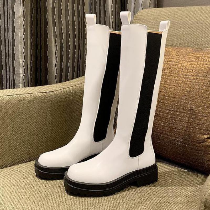 Pu läder plattform knähöga stövlar kvinnor svarta chunky långa chelsea boots kvinna slip on höst bota feminina