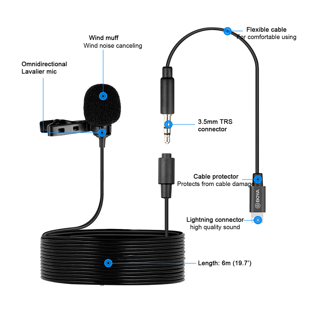 Boya by -m2/m2d nierenförmiges lavalier-ansteckmikrofon mit 3.5mm trs-kabeln, abnehmbarem einzelkopf, kompatibel mit ios-smartphones