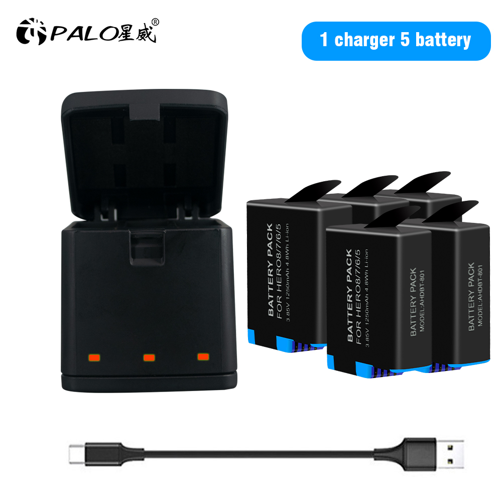 Palo 100%  original til gopro hero 7 hero 6 hero 5 batteri til go pro hero 7 6 hero 5 gopro hero 8 sort afkode kamera batteri: 4 batterier 1 oplader