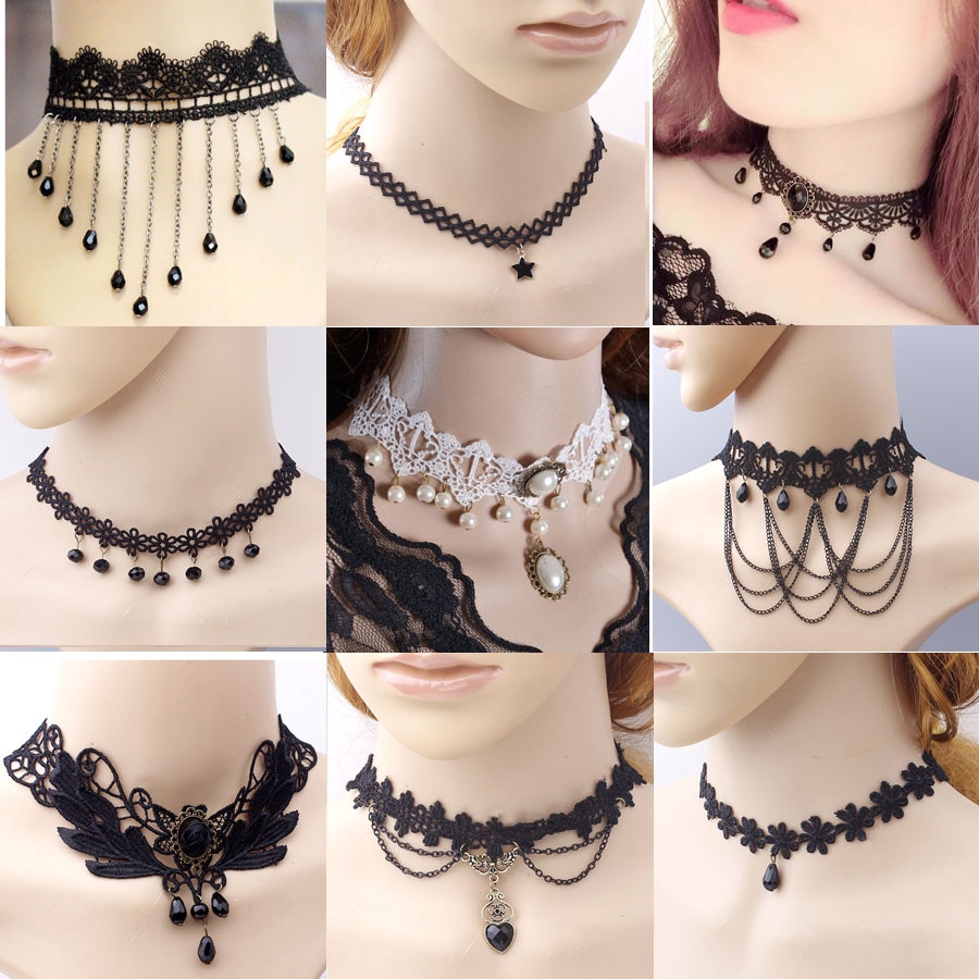gothique victorien cristal gland tatouage collier ras du cou noir dentelle collier ras du cou Vintage femmes bijoux de mariage
