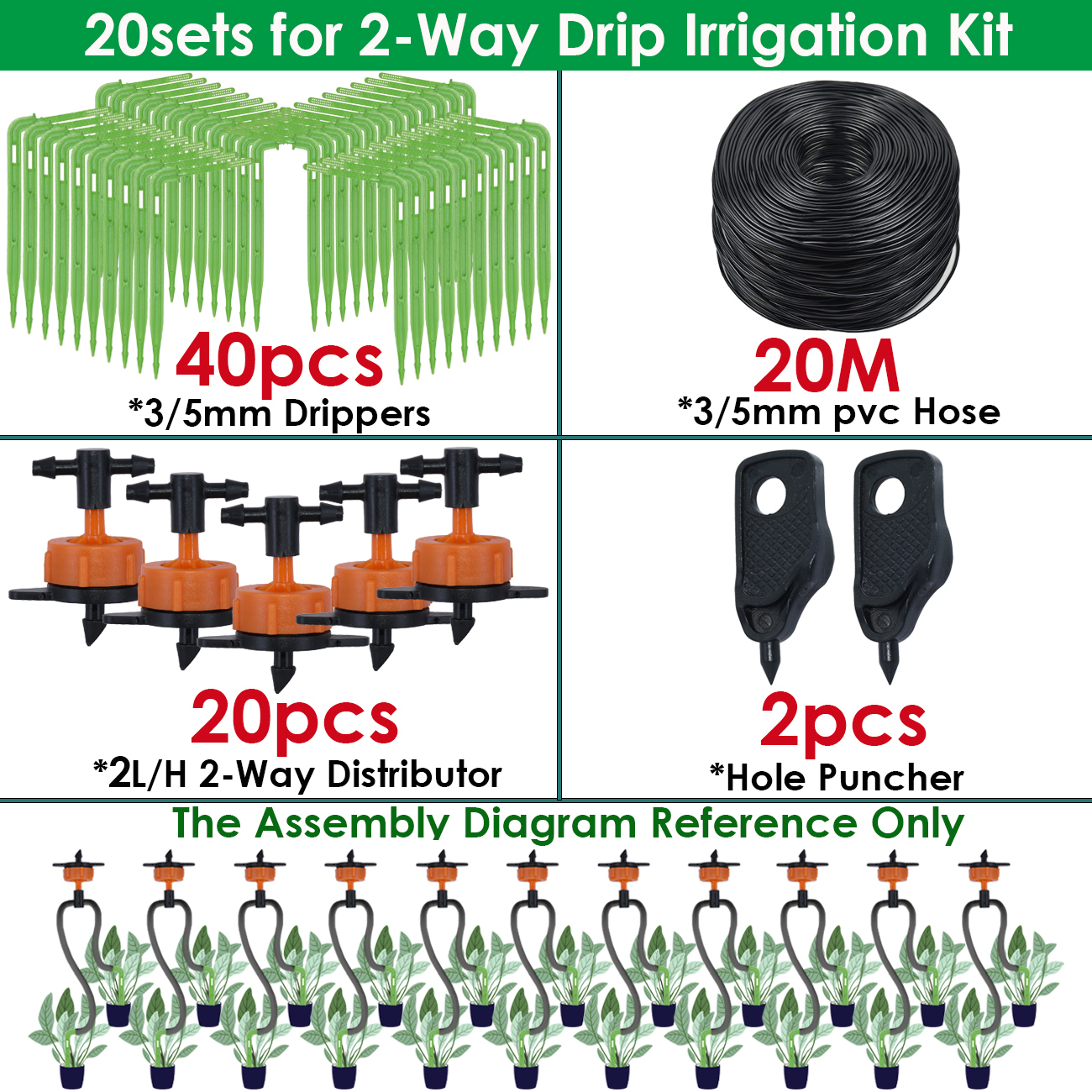 Sprycle Greenhouse 2L/H 4-Way Drip Irrigation 2-Way 3/5mm Garden Automatic Watering System Dripper Kit DIY for Pot Plant Bonsai