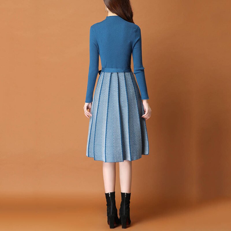 Knitted Sweater Pleated Dress Female Autumn Winter Dress Long Sleeve Sweater Women Dress Office Lady Casual Midi Dress