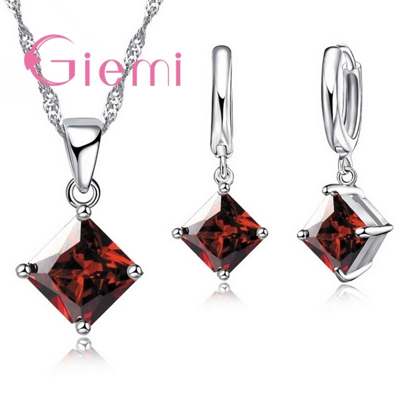8 cores conjuntos de jóias feminino alta qualidade 925 prata esterlina cz cristal colar/brincos festa jóias atacado: Red