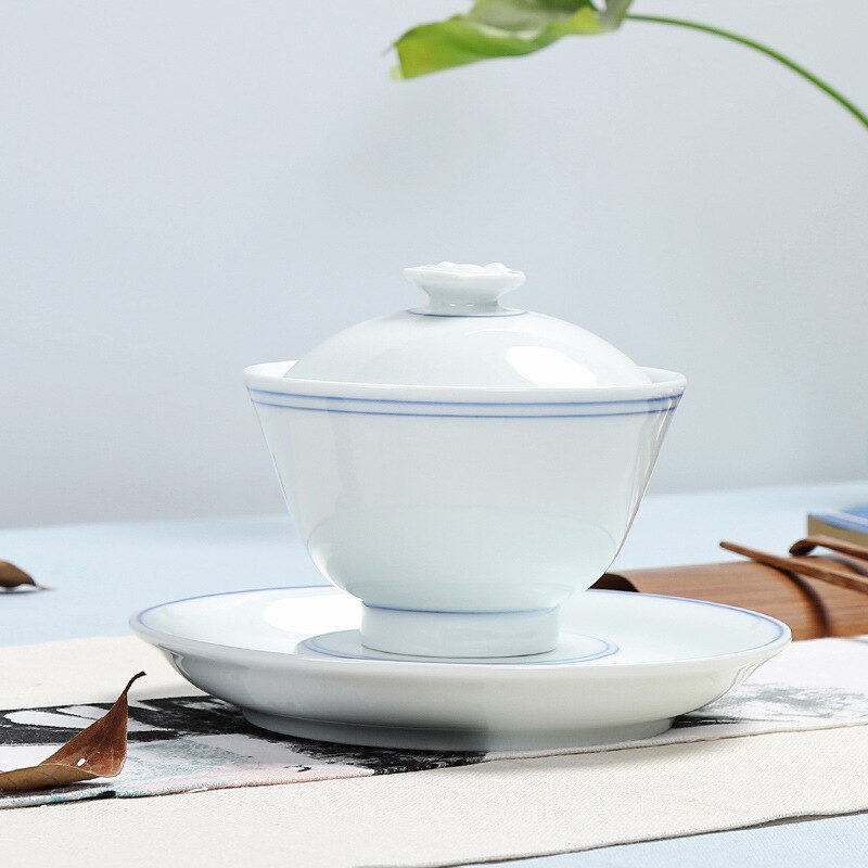 Jingdezhen Handgeschilderde Thee Sets, Wit Porselein Covers, Thee Kommen, hoogwaardige Kungfu Thee Accessoires, Drie Kopjes Grote Maat