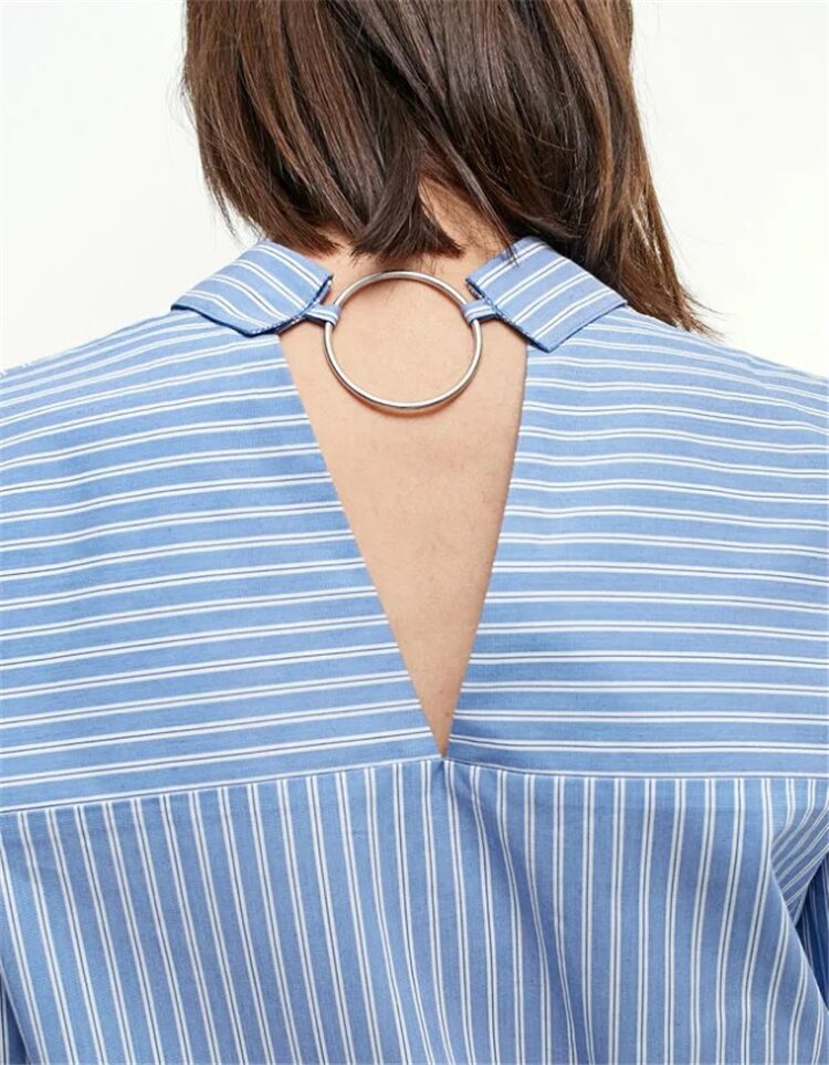 In Boutique Womens Tops Blue Striped Floral Flower Embroidered Blouse Shirt With Ring Neck Trim Detail