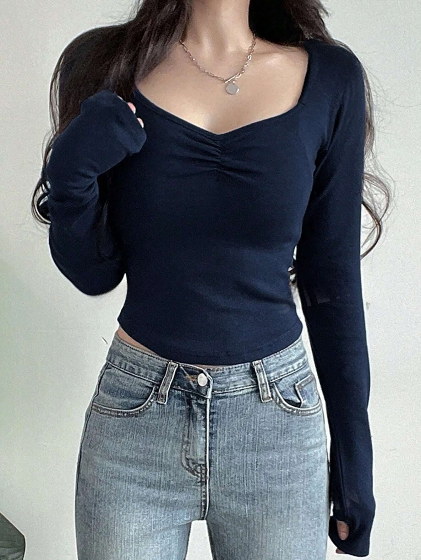 Dames tops met lange mouwen - Sexy uitgaan Sweetheart V-hals Basic Shirts Strakke slanke herfst trendy kleding
