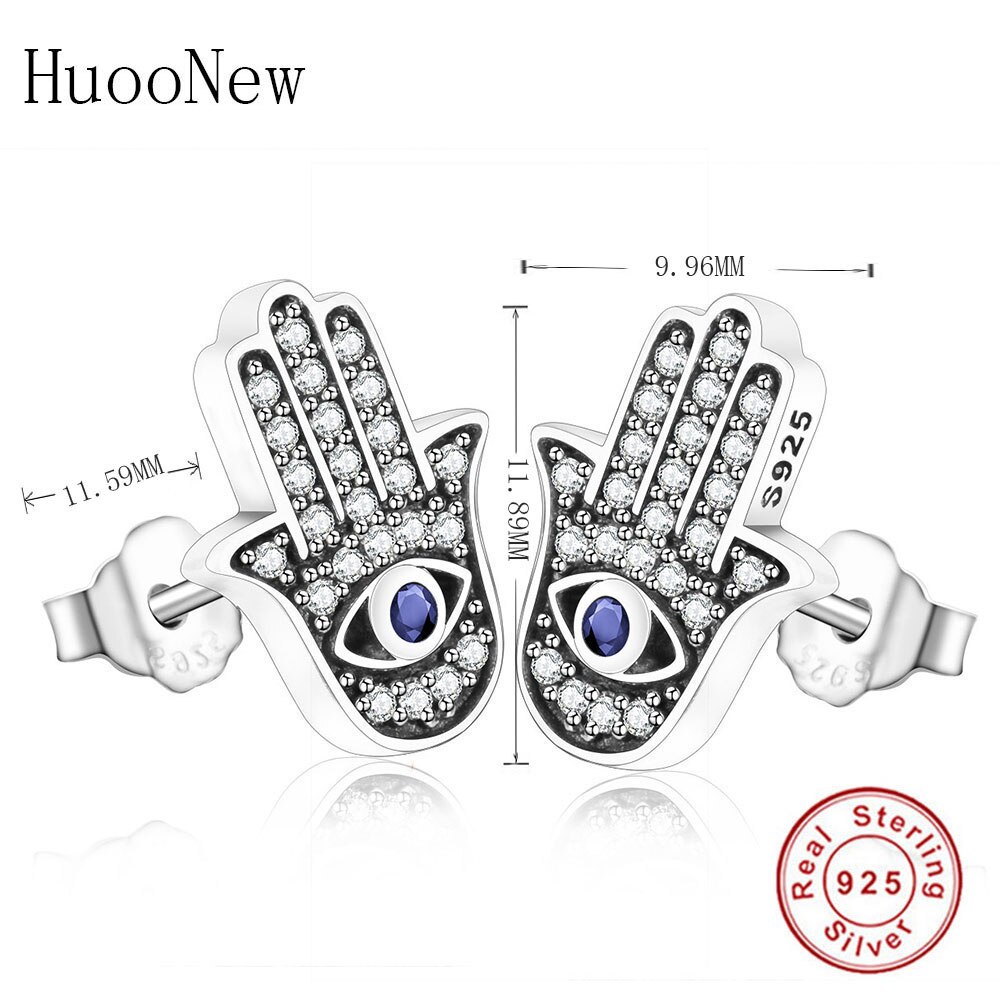 925 Sterling Zilver Fatima Hand Palm Evil Eye Blue Clear Zirkoonkristal Stud Oorbellen Voor Vrouwen Brincos Mode Oorbellen